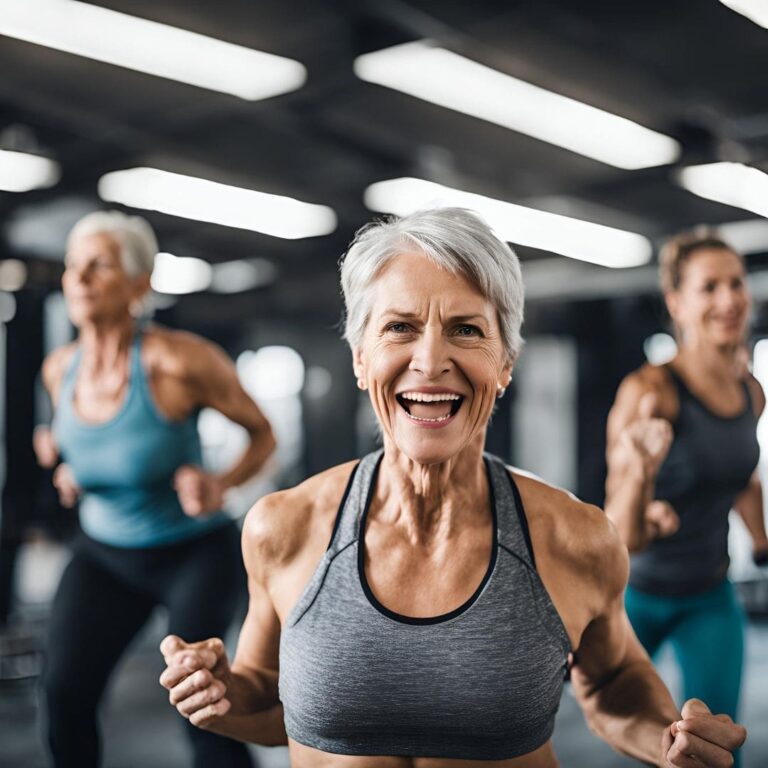 A group of senior women smiling and exercising in a gym.