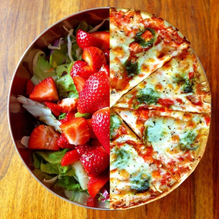 A split-image of a bowl, half filled with a fresh strawberry salad and the other half with a cheesy pizza, symbolizing the contrast between healthy and indulgent food choices.