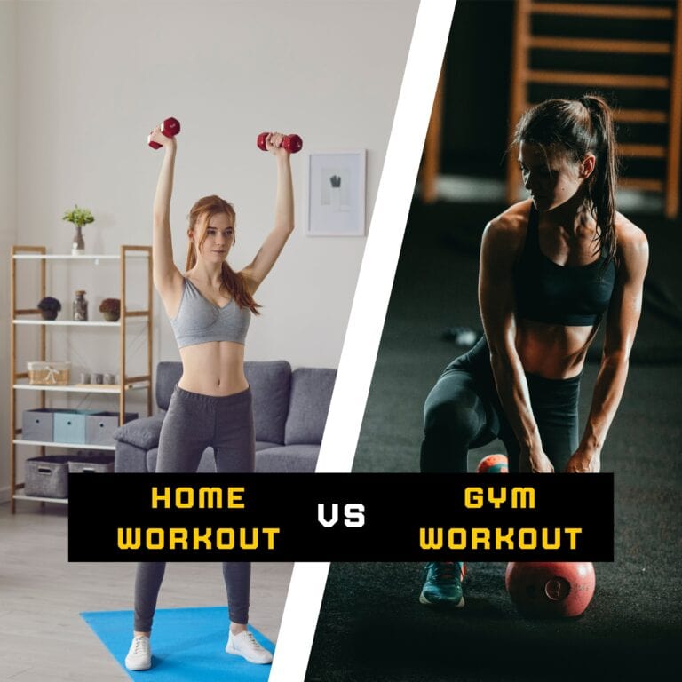 A split-image comparing home workouts and gym workouts, with one side showing a woman exercising at home with dumbbells and the other side featuring a woman lifting a kettlebell in a gym setting.