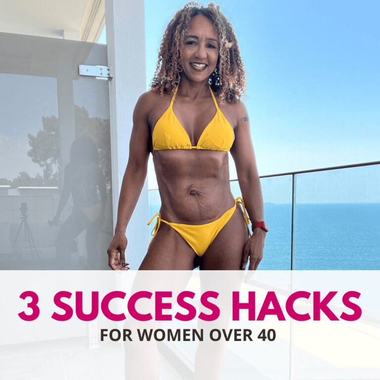 Melissa Neill in a yellow bikini, smiling confidently on a balcony with an ocean view, promoting success hacks for women over 40.