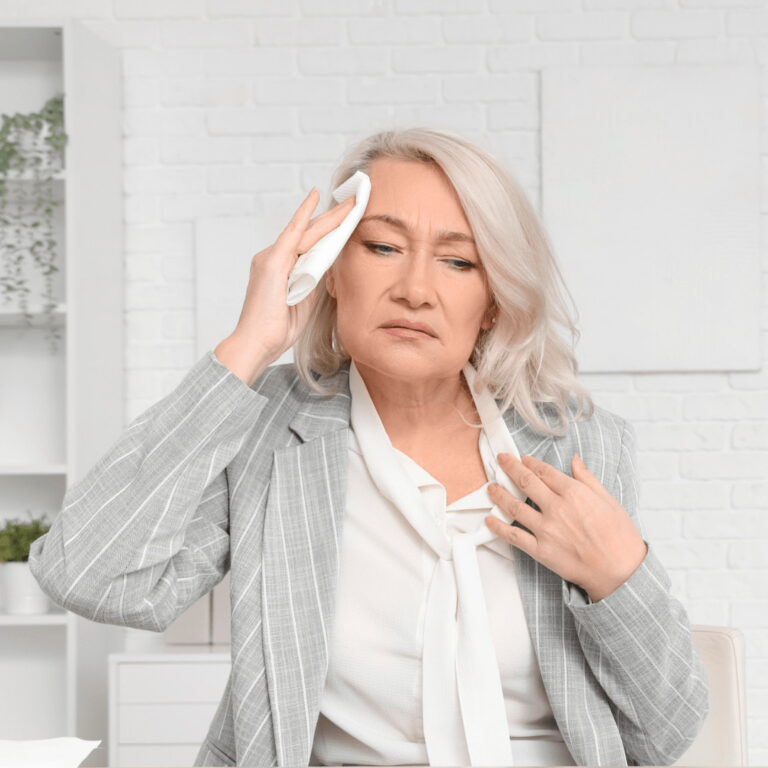 A middle-aged woman in a business suit wiping her forehead, experiencing hot flashes.
