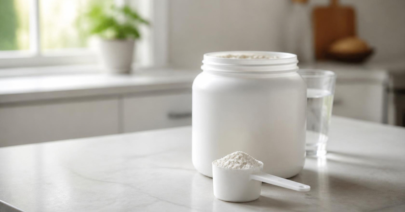 Tub of collagen powder and scoop on a kitchen counter