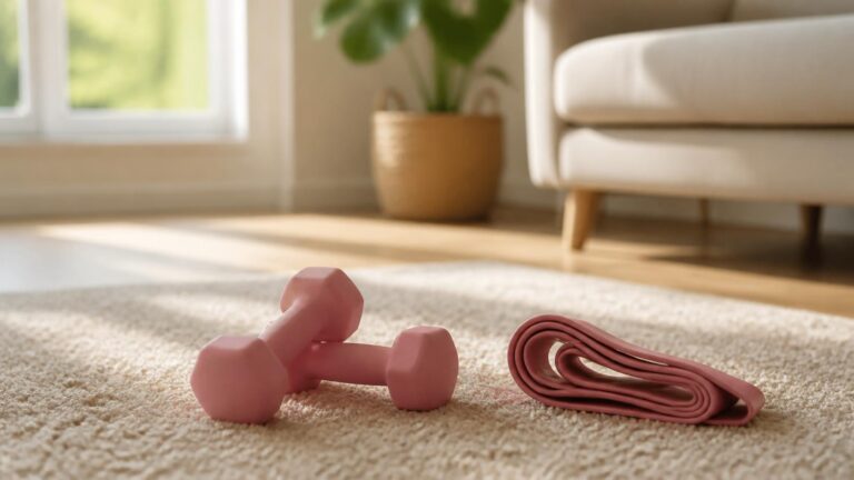 Dumbbells and resistance band on a living room rug ready for a home workout
